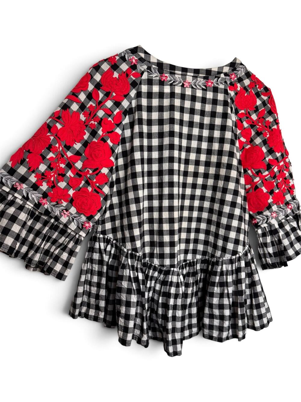 Pankaj & Nidhi Black White Gingham Peplum Top Floral Embroidered Bell Sleeve S
